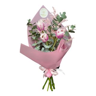 buchet cu 3 lalele, solidago si eucalipt