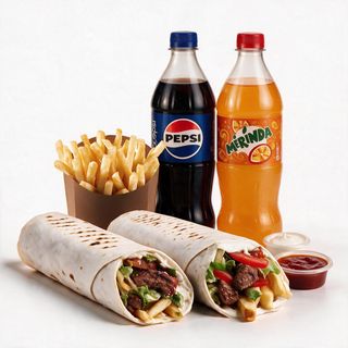 2 Kebab de vită mare + 1 Cartofi pai + 2 Băuturi la alegere