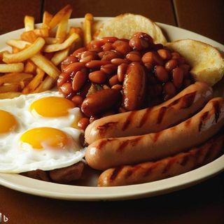Sausage, Fried Egg, Chips & Beans