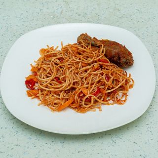 Jollof Spaghetti And Peppered Chicken