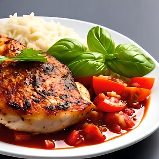 Pollo de Corral, en Salsa de Mango, Tomate, Pimienta Blanca y Curry con Guarnición de arroz