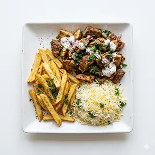 Plato De Patatas, Carne Y Arroz
