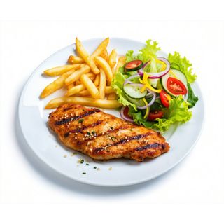 Filete De Pollo Con Ensalada Y Patatas