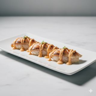 Nigiri ricciola flambè con maionese al peperone affumicato