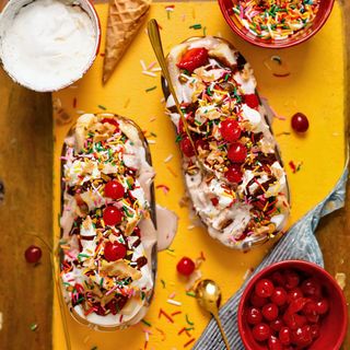 Banana split ice cream with sprinkles/cookie