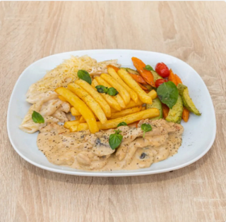 Emincée de poulet avec accompagnement & boisson aux choix