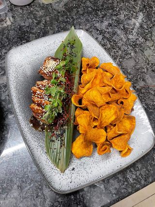 Piept de rață cu sos Teryiaky şi chipsuri de cartofi dulci