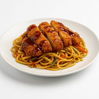 Zapečeni rezanci s pohanom piletinom i teriyaki