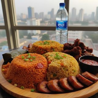 Jollof & Fried Rice + Moi Moi/Plantain + Beef and Water