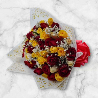 40pcs of red,white & yellow mixed with gypsophila 