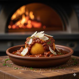 Provola di bufala 50 g con ragù napoletano e scaglie di parmigiano reggiano