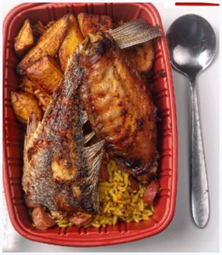 American Rice With Plantain With Fish, Coleslaw And Grilled Turkey