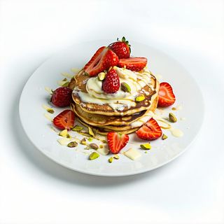 Pancake con crema al pistacchio, cioccolata bianca e fragole