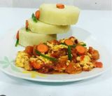 Boiled yam and scrabble egg with veggies 