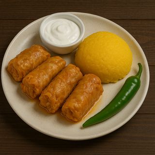 Sarmale în foi de varză murată cu mămăligă, smântână și ardei iute