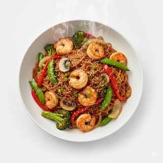 Spaghetti di soia saltati ai gamberi