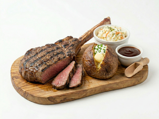 Tomahawk de porc cu cartof copt smântână cu chives