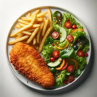 Panierowany filet drobiowy, frytki, zestaw suruwek