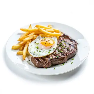 Filete de ternera, huevo, patatas y ensalada