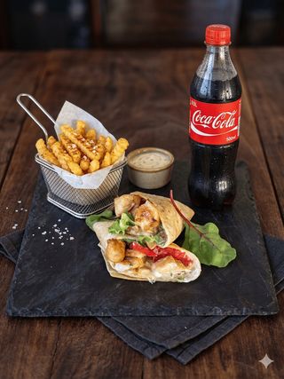 Burrito sa piletinom + pomfrit + Coca-Cola