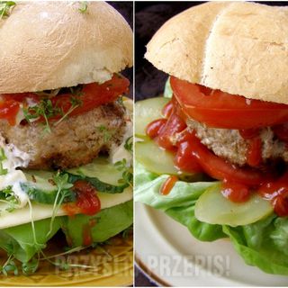 Schab z rusztu w bułce,pomidor,ogórek,sałata,sos