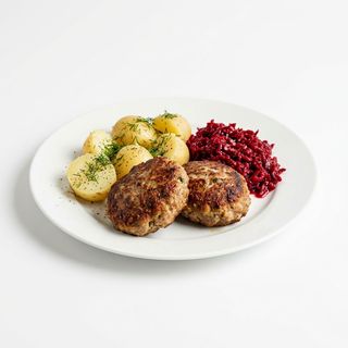 Kotlety mielone, ziemniaki z koperkiem, buraczki tarte