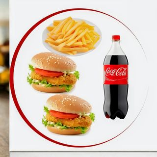 BURGER MENU FAMILIAR-1 (2 X BURGERS FRANGO OU VACA  COM SALADA E MOLHO 1 X BATATA FRITAS 1 X 1 LT COCA COLA )