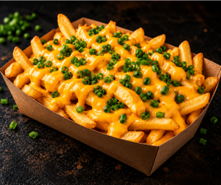 Frytki z sosem cheddar i świeżym szczypiorkiem