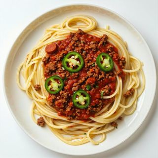 Spaghetti Boloński ,jalapeno i kabanos