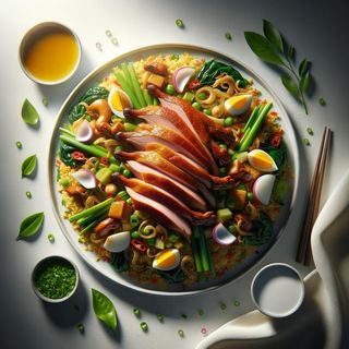 Smażony ryż z curry i mlekiem kokosowym i kaczką