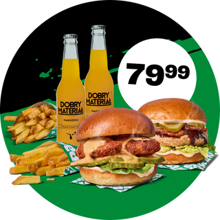 2x BURGER Z KURCZAKIEM + 2x DOBRY MATERIAŁ + 2x FRYTKI