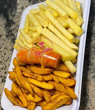Tray of yam fries and fried plantain 