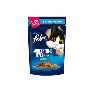 Влажный корм Felix Аппетитные кусочки для взрослых кошек, с форелью в желе, Пауч, 85 г  7613034263131