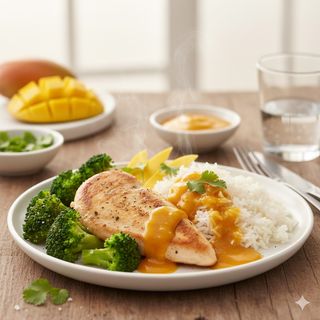 Пилешко филе с жасминов ориз, броколи и манго сос