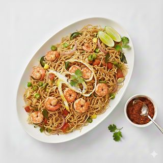 Noodles saltati con verdure, uova e gamberi