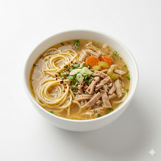 Sopa de tallarines casera con intestino de cerdo (大肠刀削面)