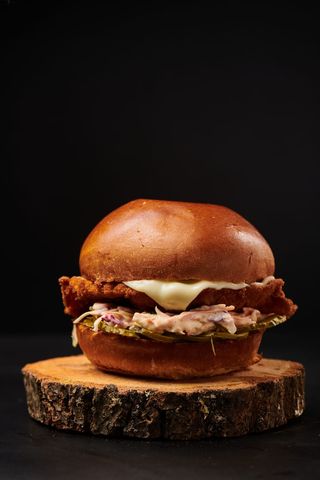 Chicken burger with fries and sos burgatore