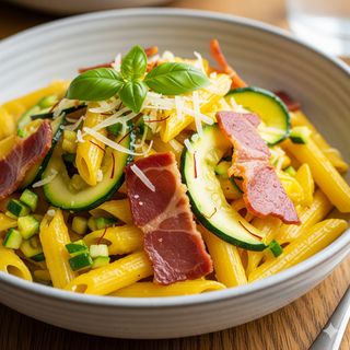 Penne con zucchine, speck e zafferano