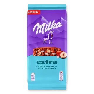 Шоколад молочний Milka Екстра мигдаль, фундук та шматочки кокосового печива (130г)