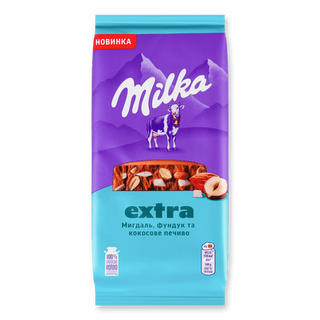 Шоколад молочний Milka Екстра мигдаль, фундук та шматочки кокосового печива (130г)