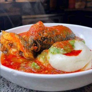 White Eba served with Tilapia fish mixed with OKRO
