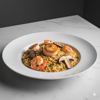 Risotto con capesante, gamberoni e funghi porcini