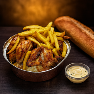 Pollo asado con patatas, Ali Oli y Pan