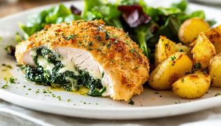 Filet z kurczaka, szpinak, ser, ziemniaki, surówka, zupa