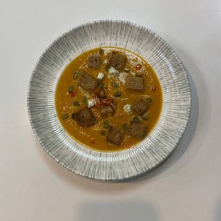 Pumpkin cream soup with shrimp