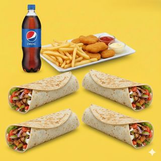 4 Piadine grandi, 1 piatto di patatine, nuggets e una Pepsi