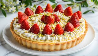 Чиийз тарт с бял шоколад, пресни ягоди и шамфъстък