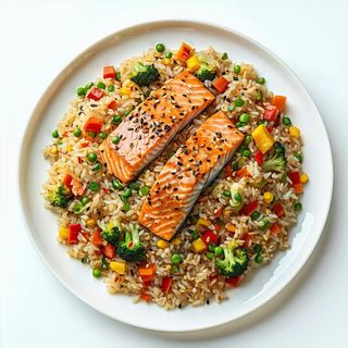 Riso venere saltato con salmone e verdure