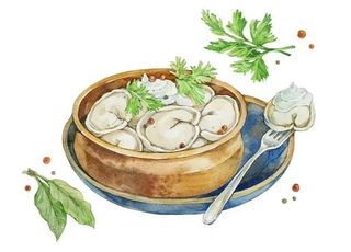 Pielmieni w bulionie ze śmietaną i koperkiem 10 szt. (Zupa 750 ml)