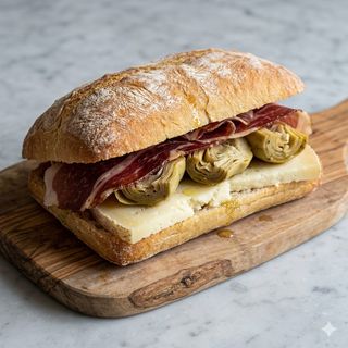 Ciabatta ripiena con prosciutto toscano di Scrofa, Carciofo sott’olio alla romana e Pecorino fresco delle Crete Senesi